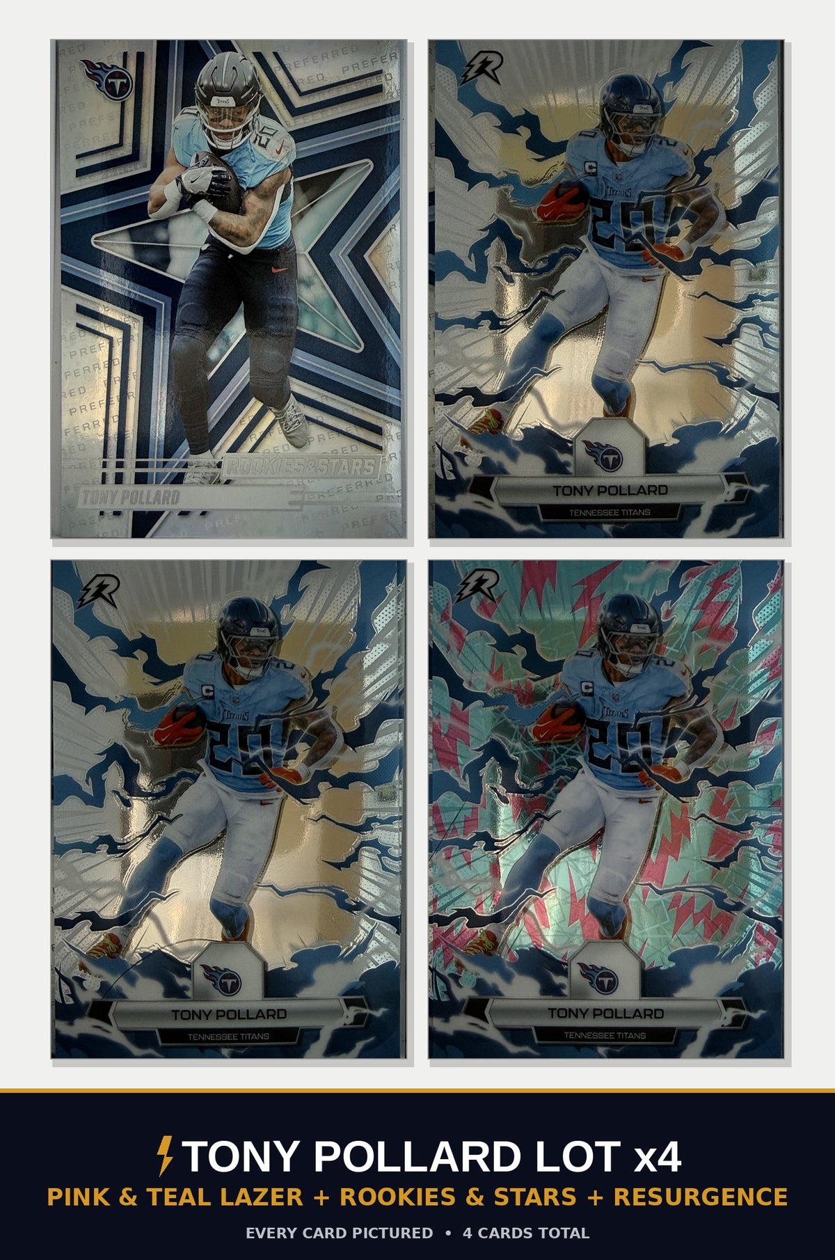 Tony Pollard 4-Card Lot cover - Pink & Teal Lazer, Rookies & Stars, Resurgence