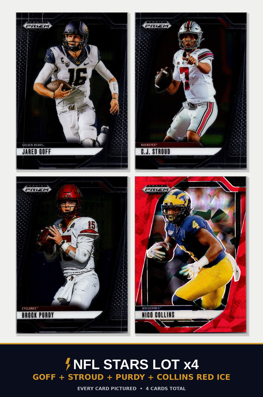 NFL Stars 4-Card Lot cover - Goff, Stroud, Purdy, Collins Red Cracked Ice