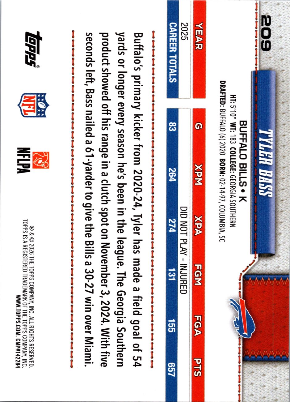 2026 Topps Flagship #209 Tyler Bass back