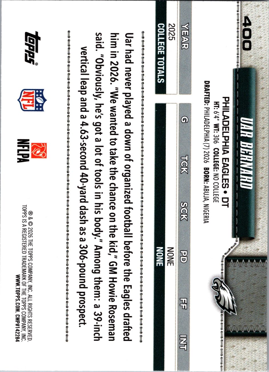 2026 Topps Flagship #400 Uar Bernard RC back
