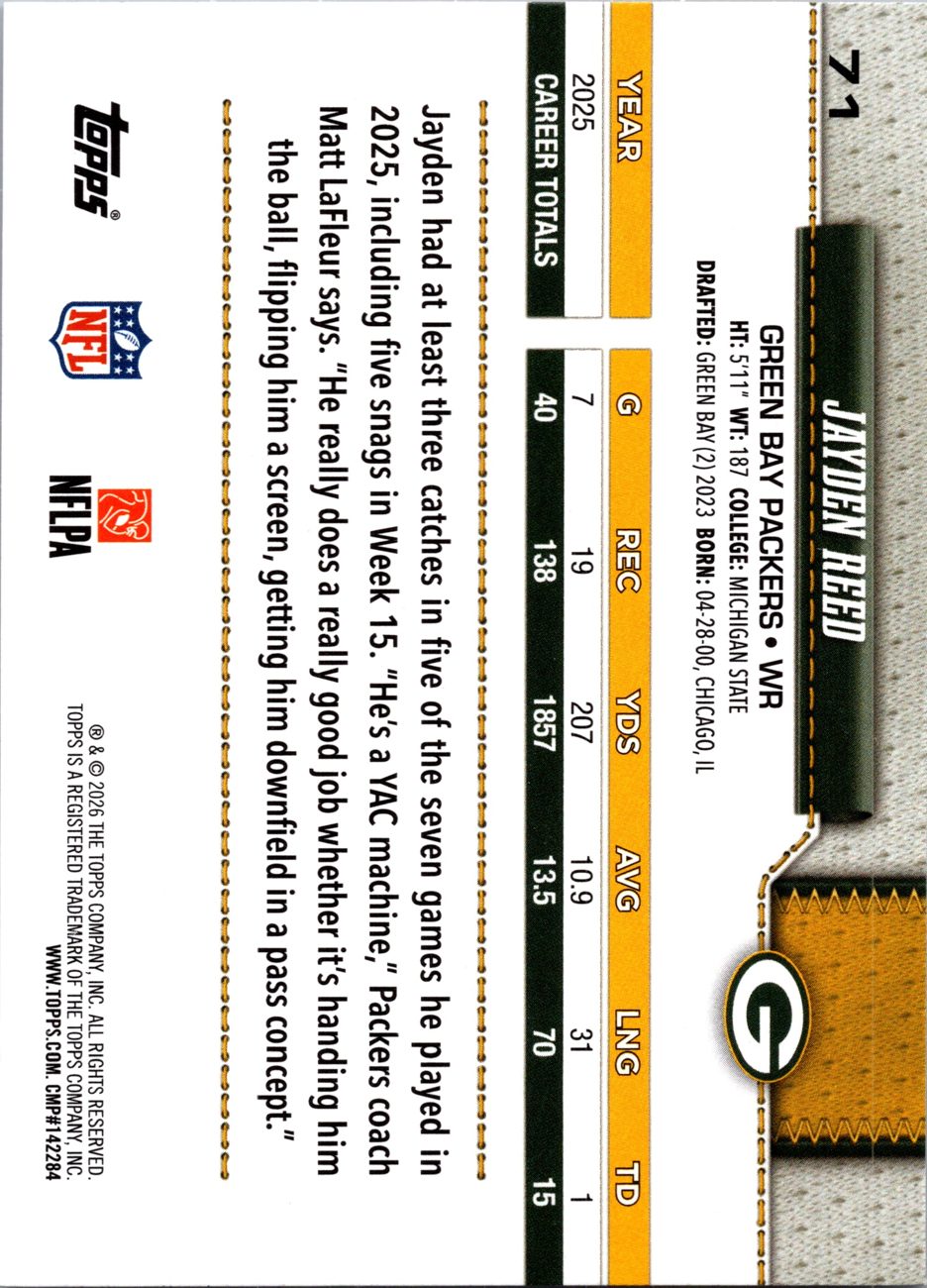 2026 Topps Flagship #71 Jayden Reed back