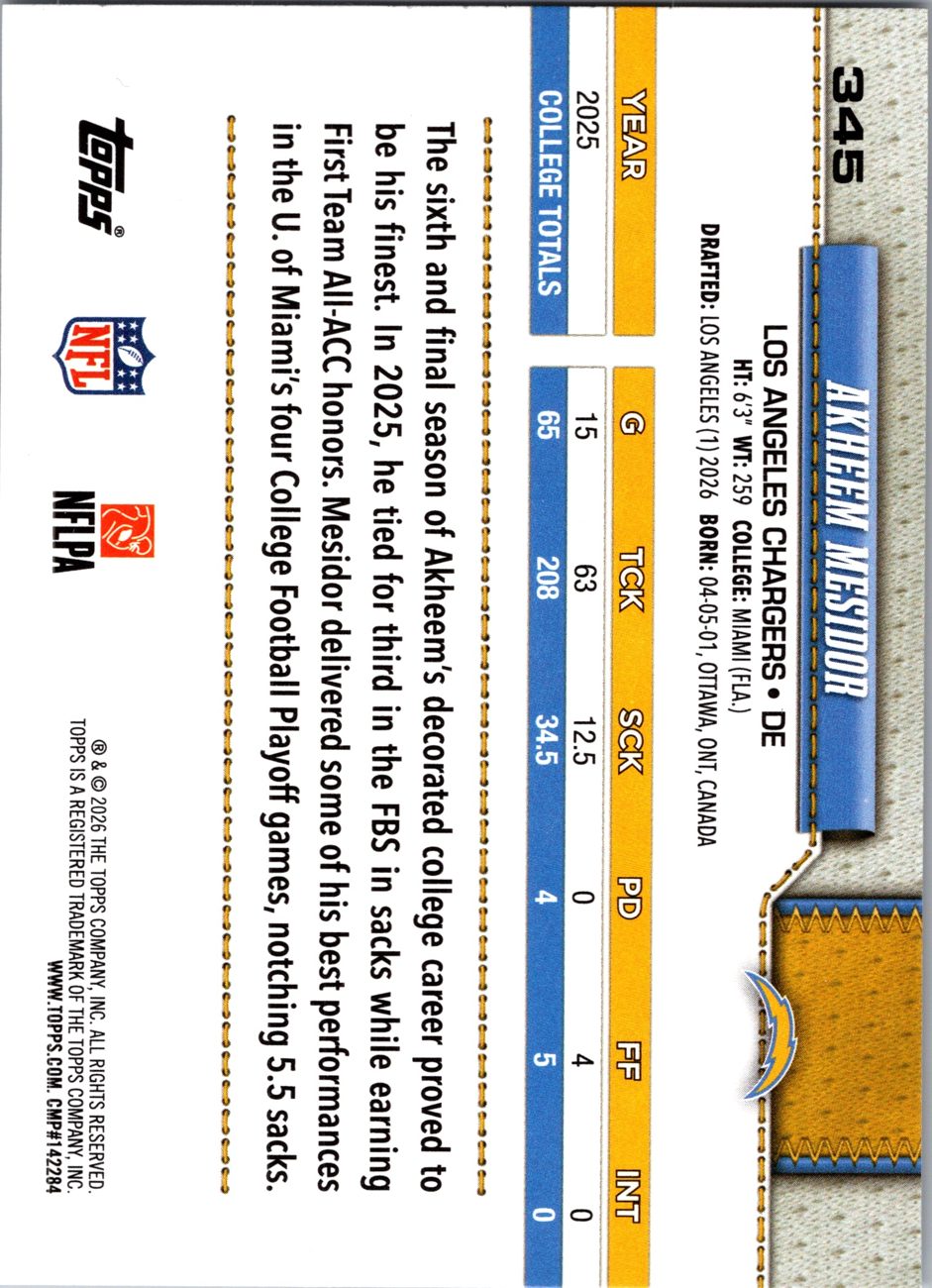 2026 Topps Flagship #345 Akheem Mesidor RC back