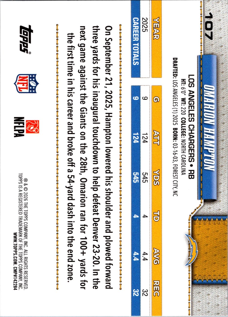 2026 Topps Flagship #107 Omarion Hampton back