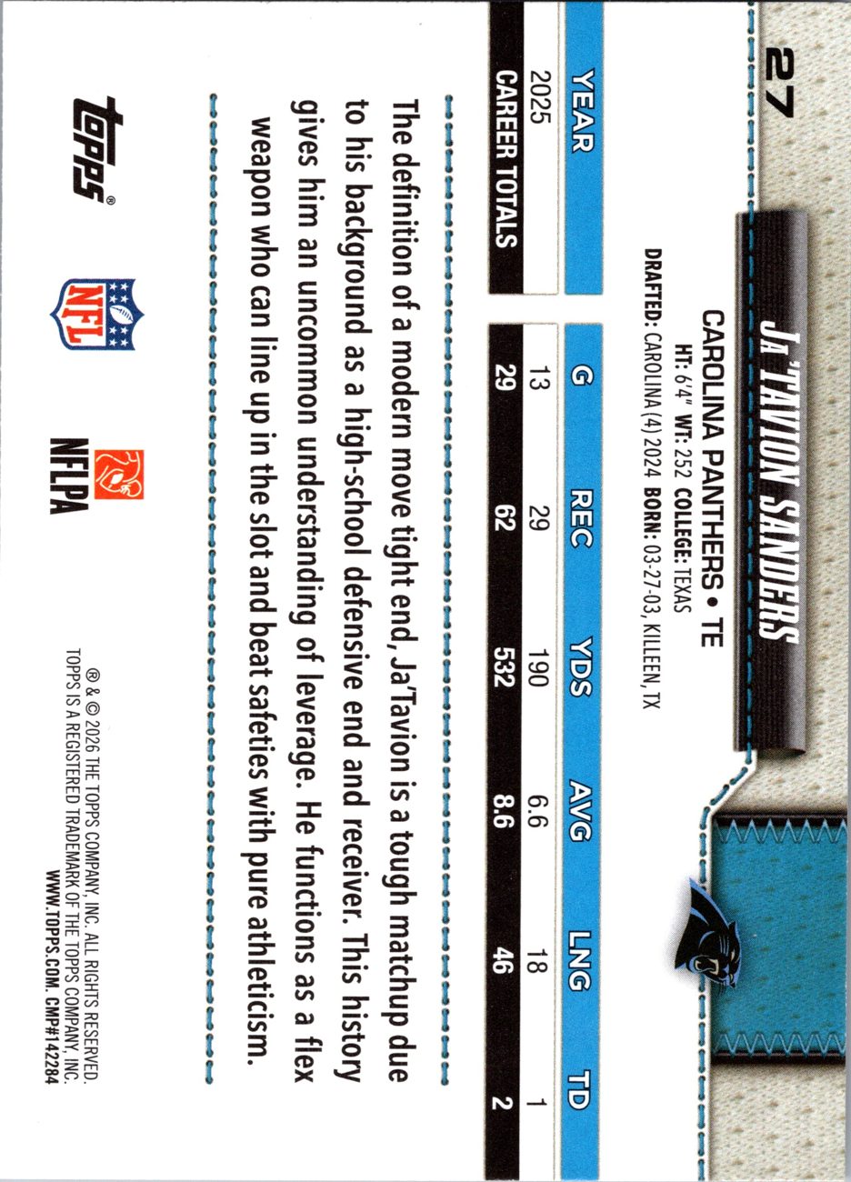 2026 Topps Flagship #27 Ja'Tavion Sanders back