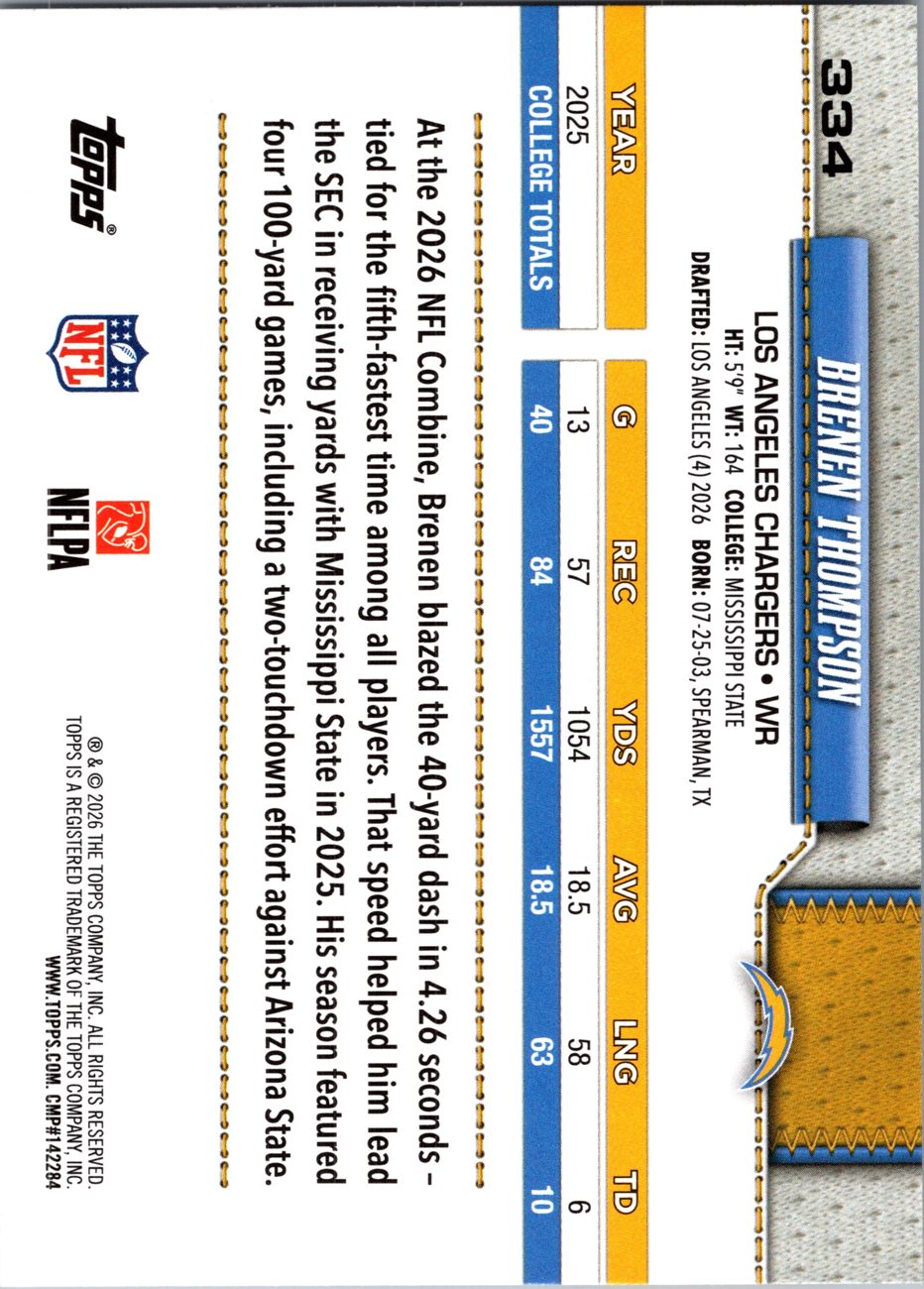 2026 Topps Flagship #334 Brenen Thompson RC back