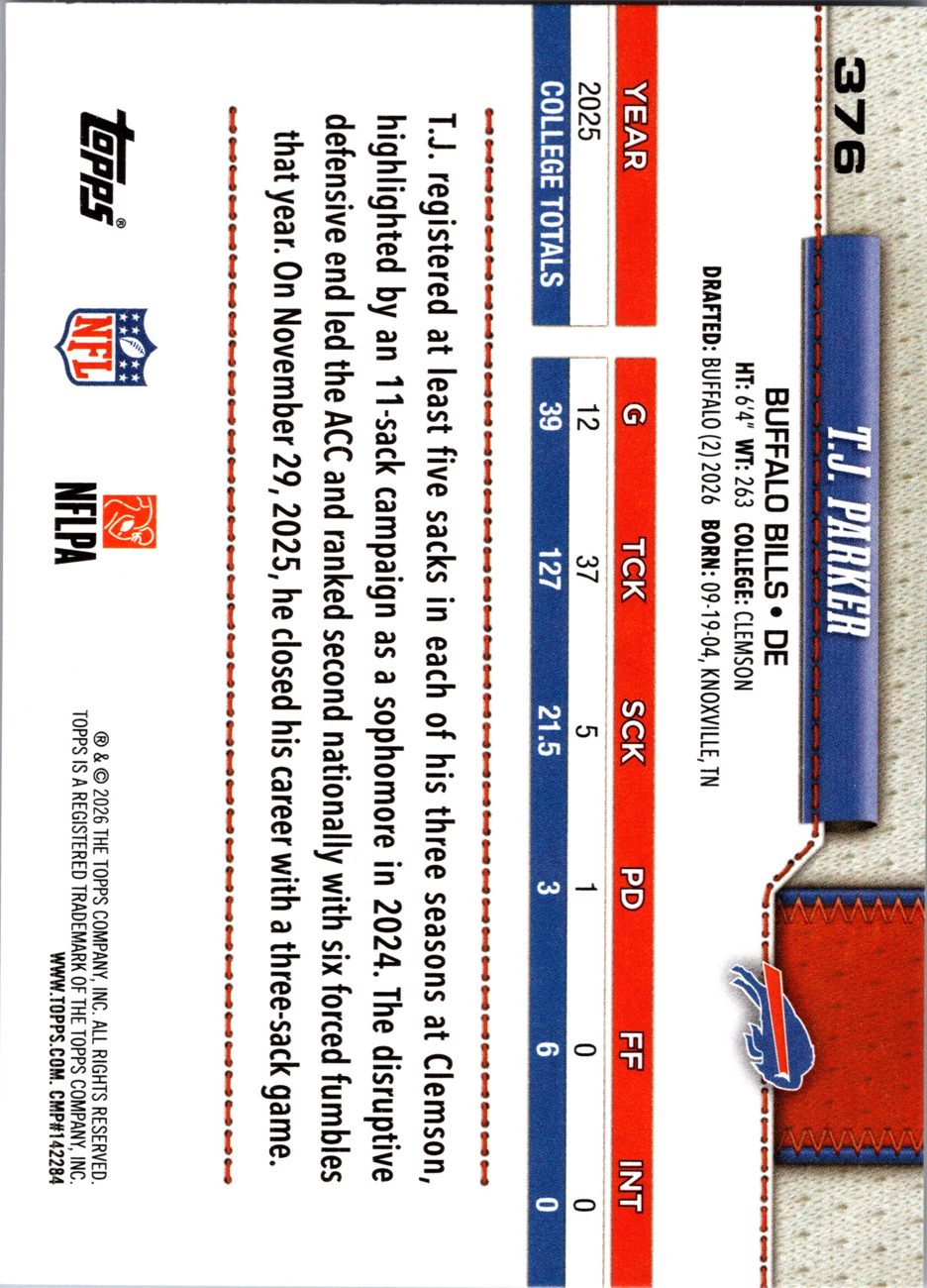 2026 Topps Flagship #376 T.J. Parker RC back