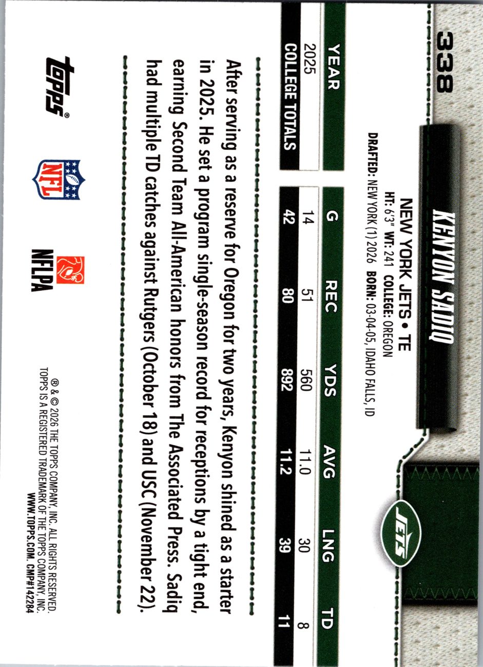 2026 Topps Flagship #338 Kenyon Sadiq RC back