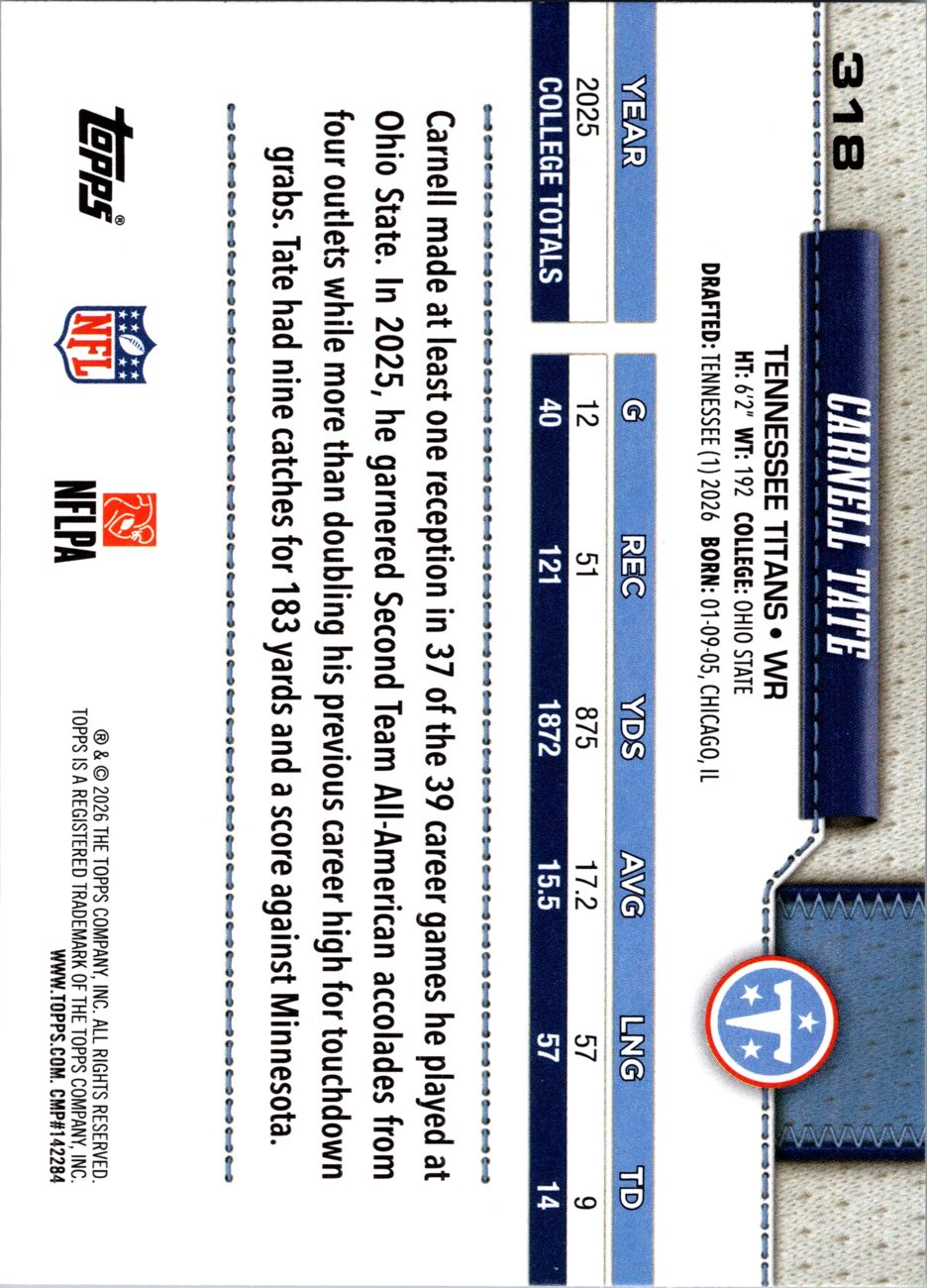 2026 Topps Flagship #318 Carnell Tate RC back