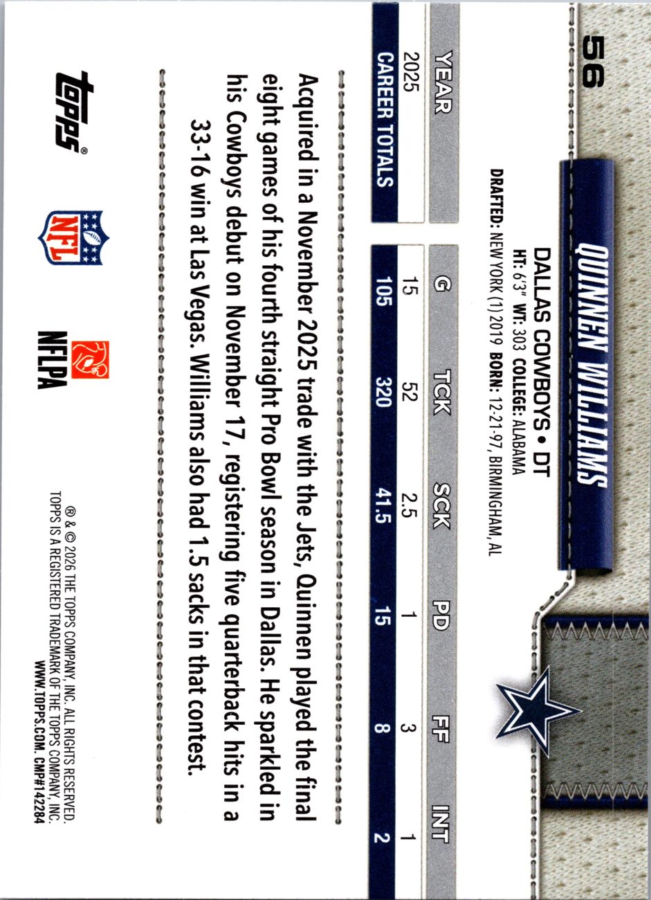 2026 Topps Flagship #56 Quinnen Williams back
