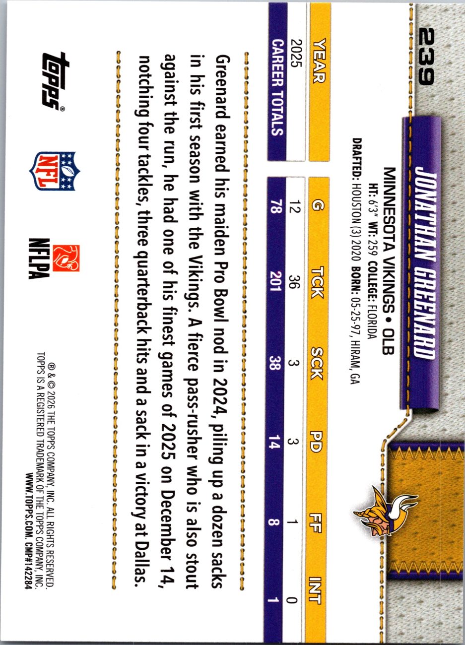 2026 Topps Flagship #239 Jonathan Greenard back