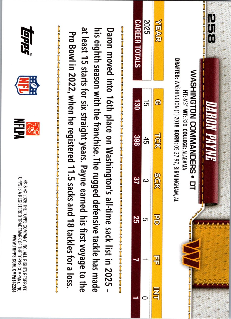 2026 Topps Flagship #258 Daron Payne back