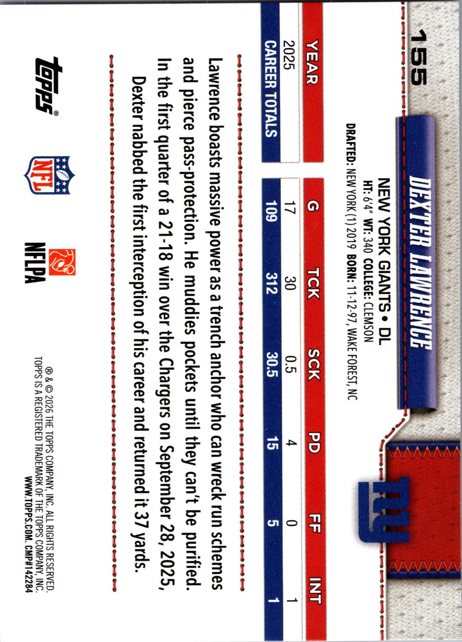 2026 Topps Flagship #155 Dexter Lawrence back