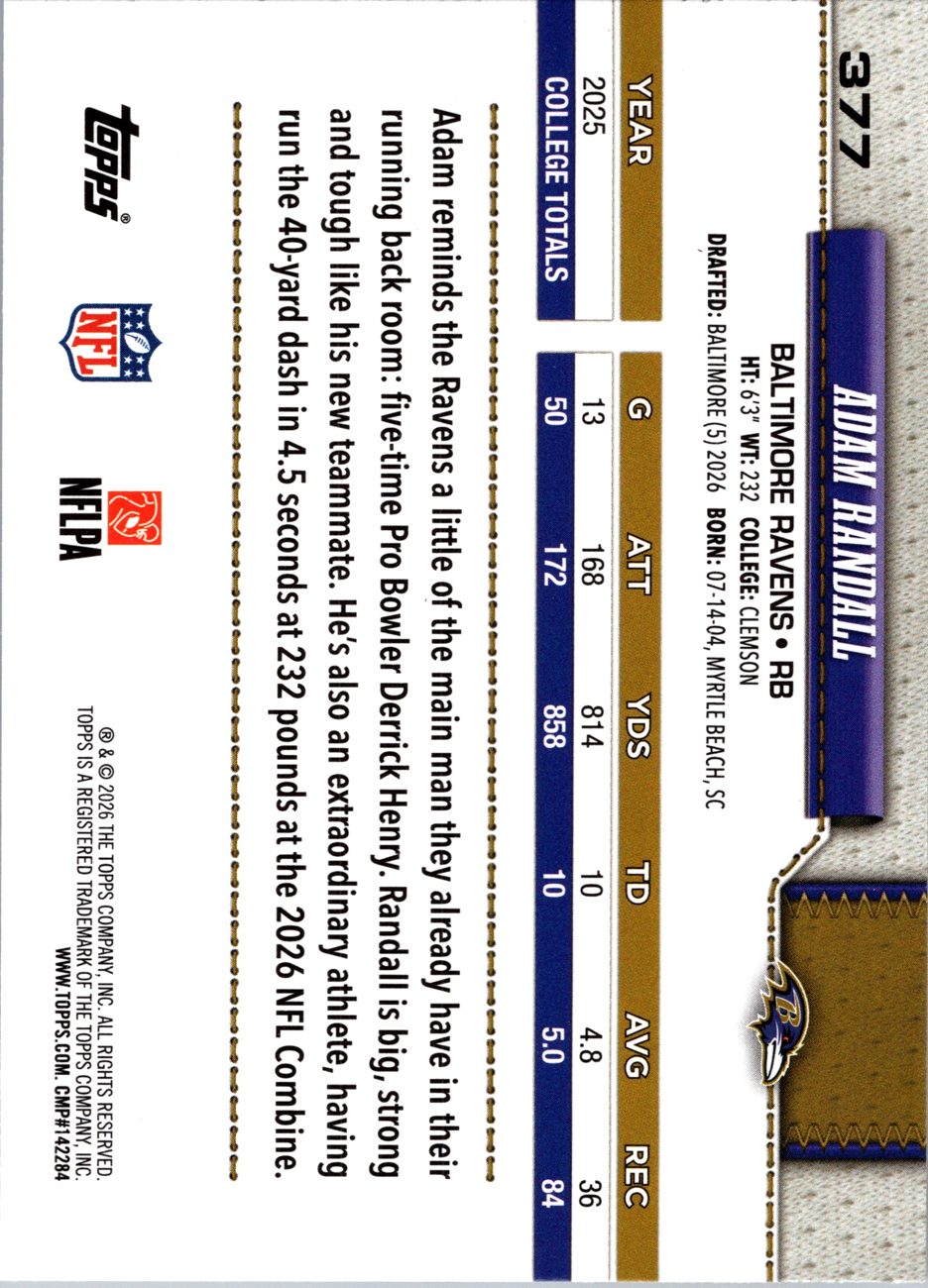 2026 Topps Flagship #377 Adam Randall RC back