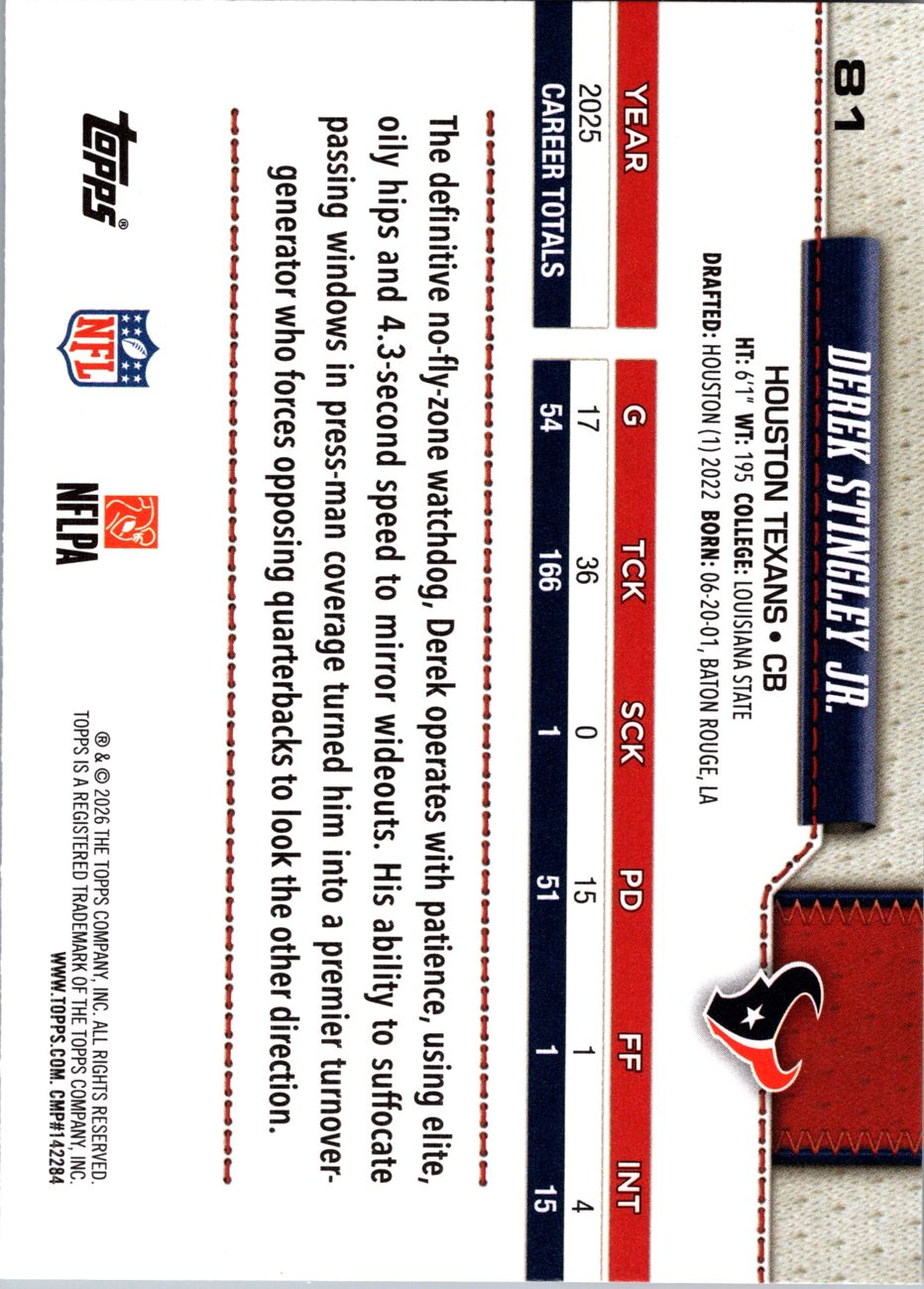 2026 Topps Flagship #81 Derek Stingley Jr. back