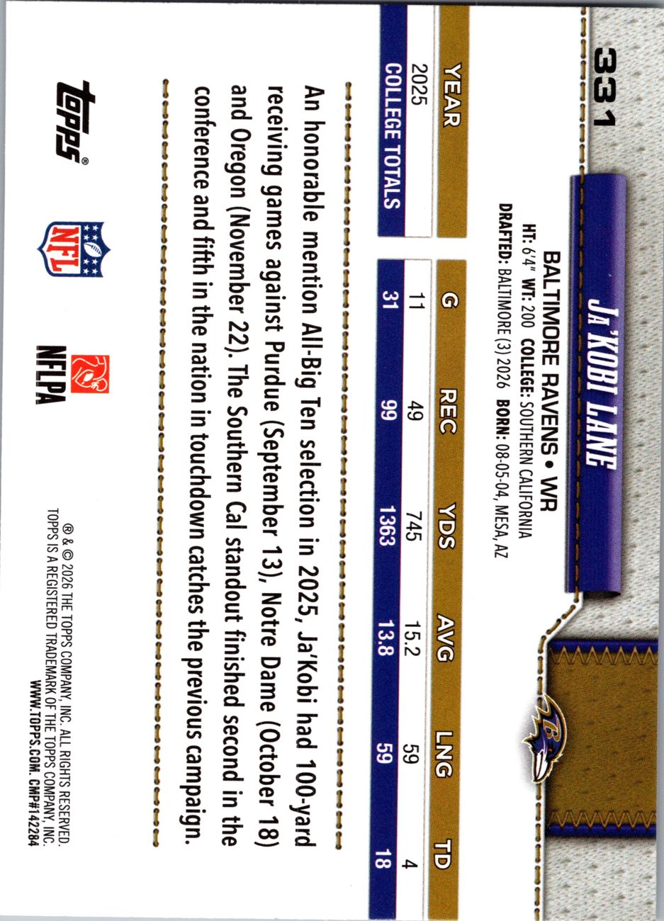 2026 Topps Flagship #331 Ja'Kobi Lane RC back