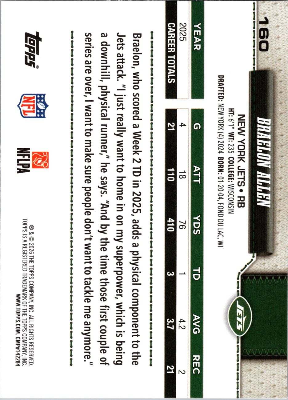 2026 Topps Flagship #160 Braelon Allen back