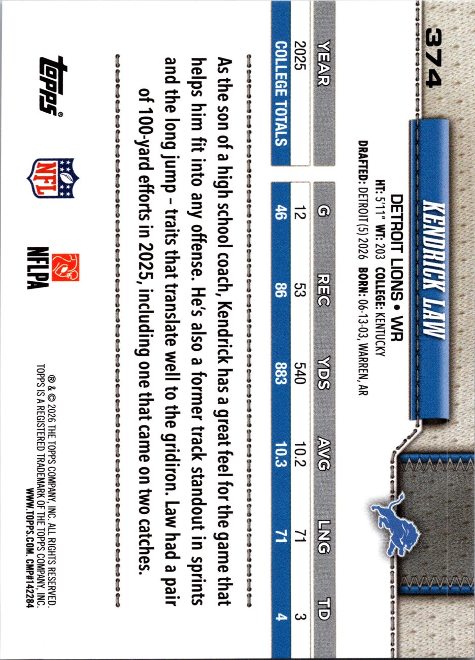 2026 Topps Flagship #374 Kendrick Law RC back
