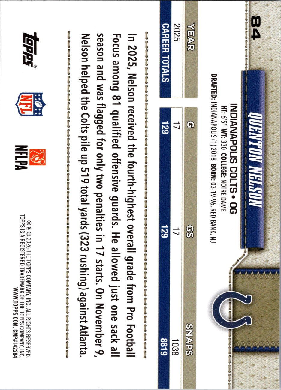 2026 Topps Flagship #84 Quenton Nelson back