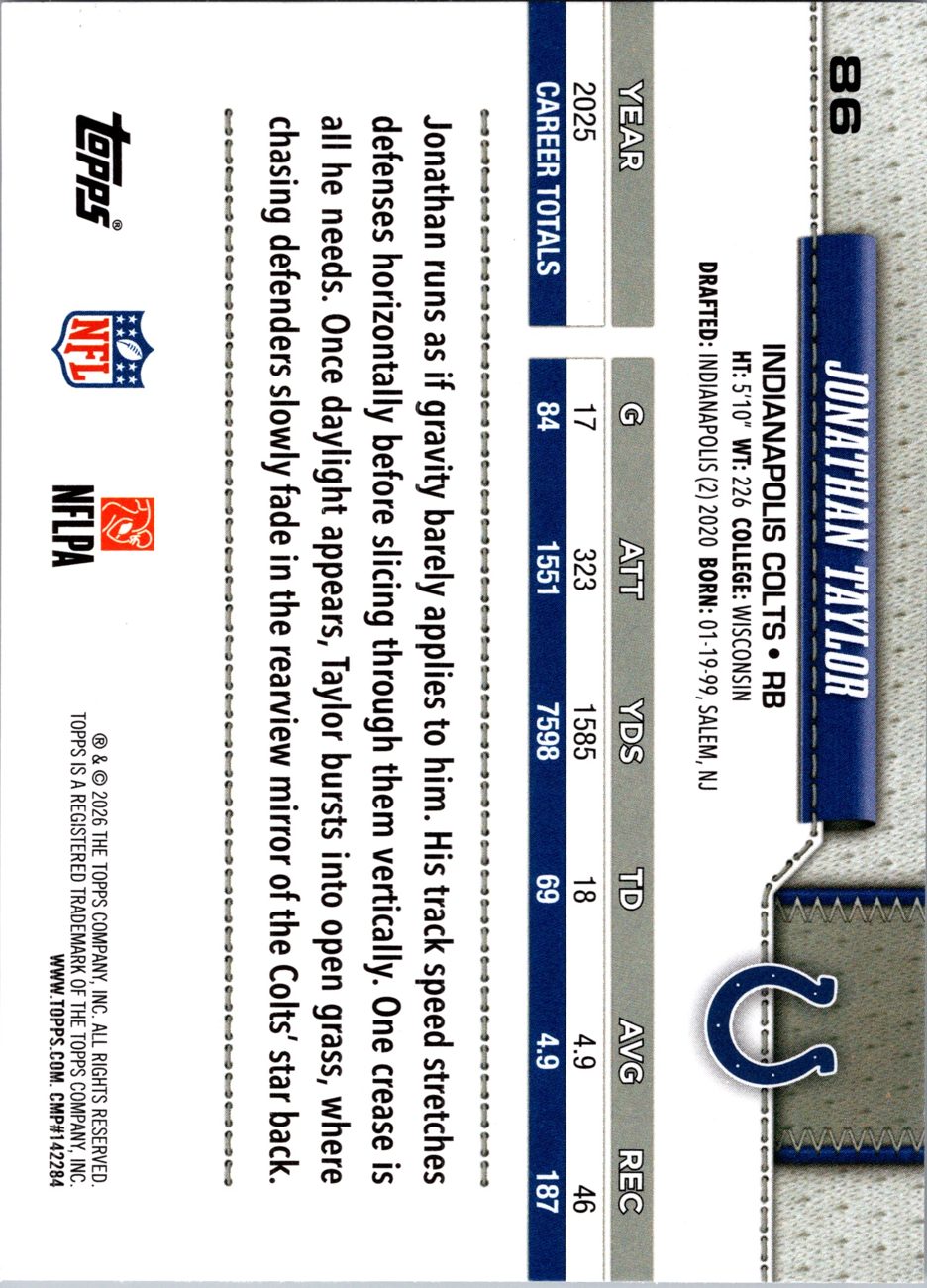 2026 Topps Flagship #86 Jonathan Taylor back