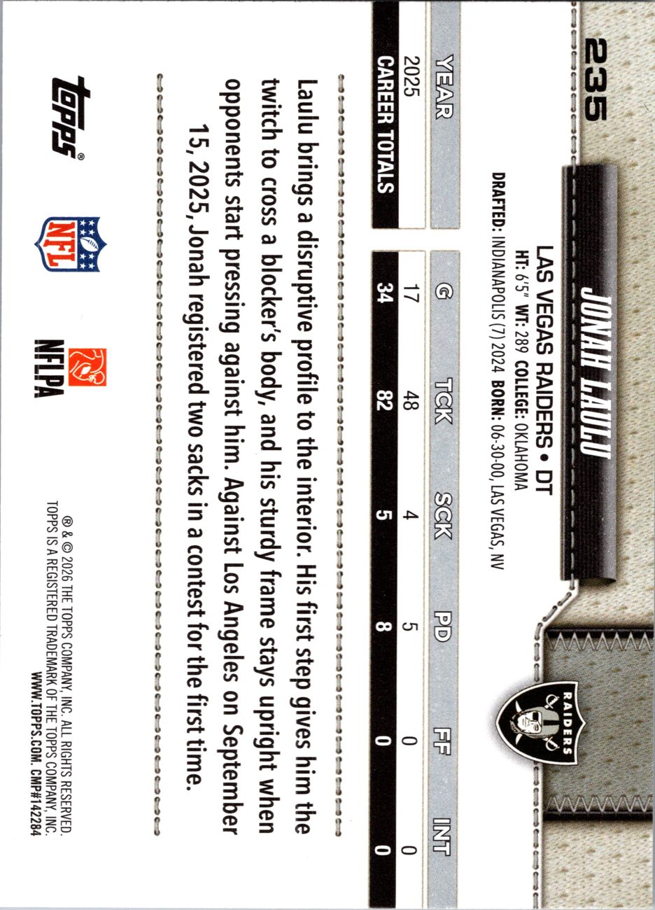 2026 Topps Flagship #235 Jonah Laulu back