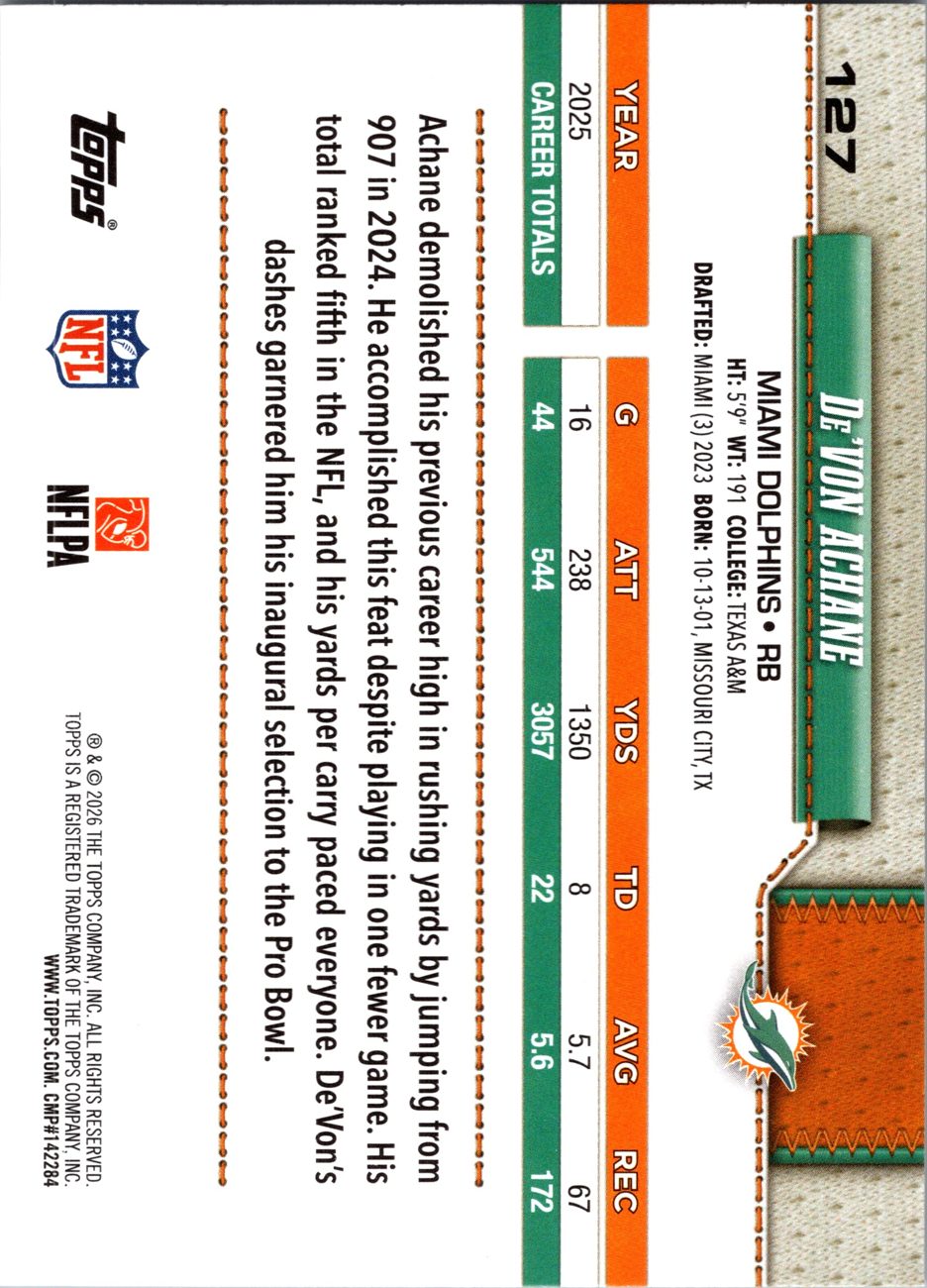 2026 Topps Flagship #127 De'Von Achane back