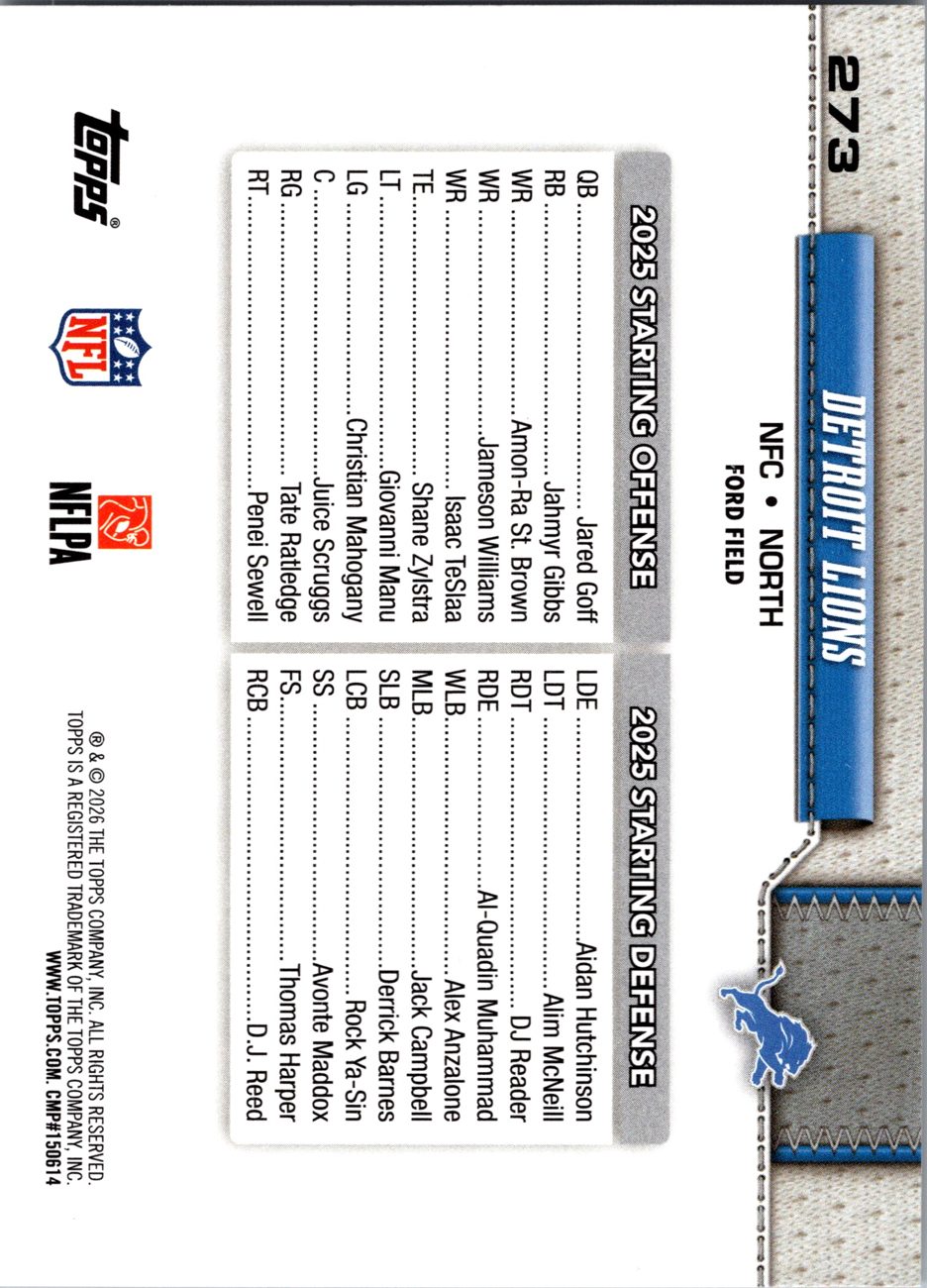2026 Topps Flagship #273 Detroit Lions back