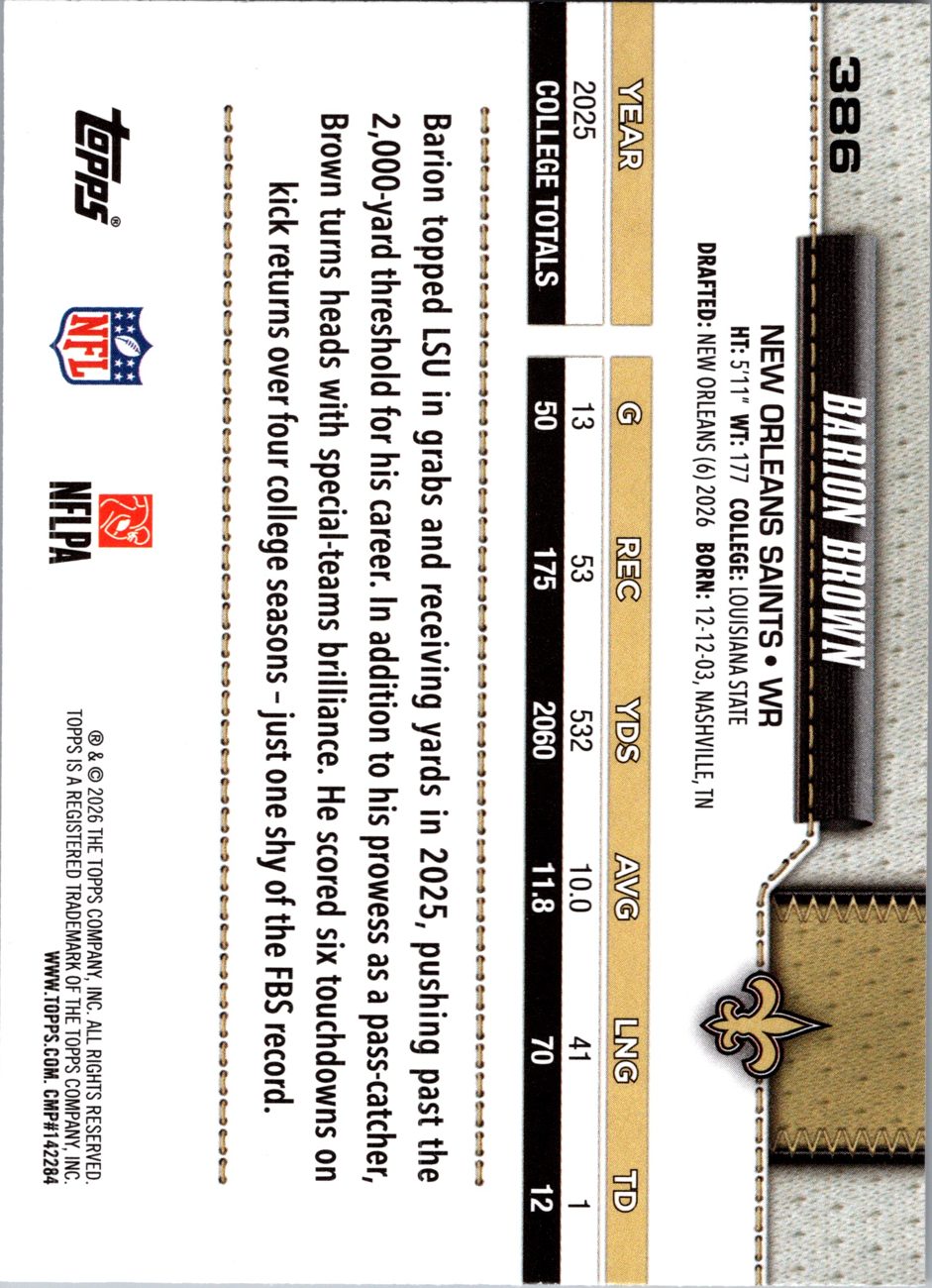 2026 Topps Flagship #386 Barion Brown RC back