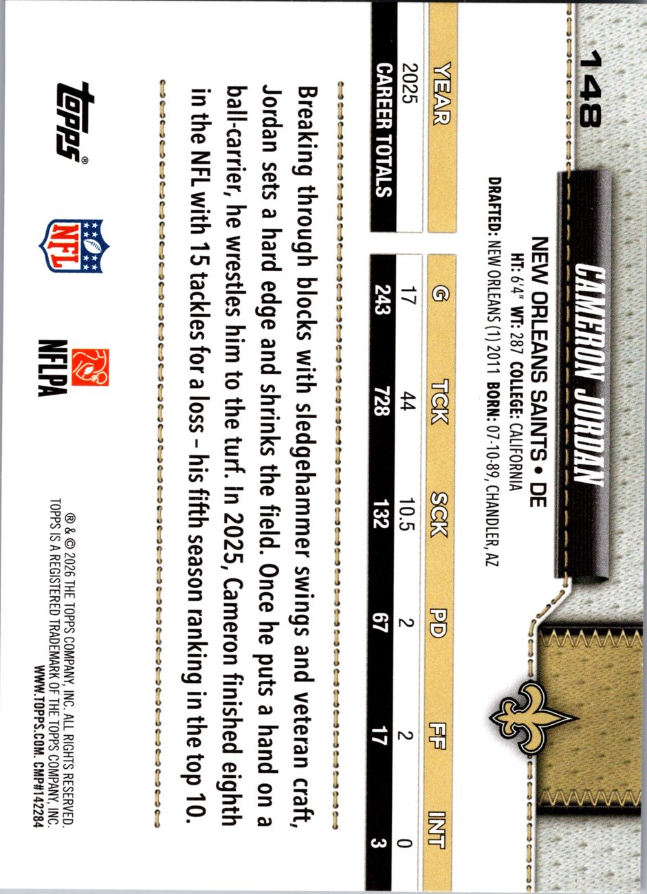 2026 Topps Flagship #148 Cameron Jordan back