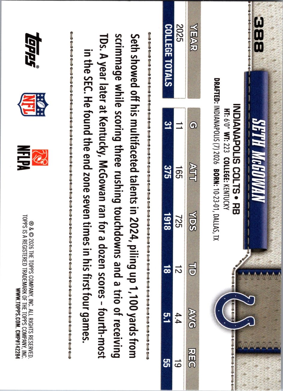 2026 Topps Flagship #388 Seth McGowan RC back