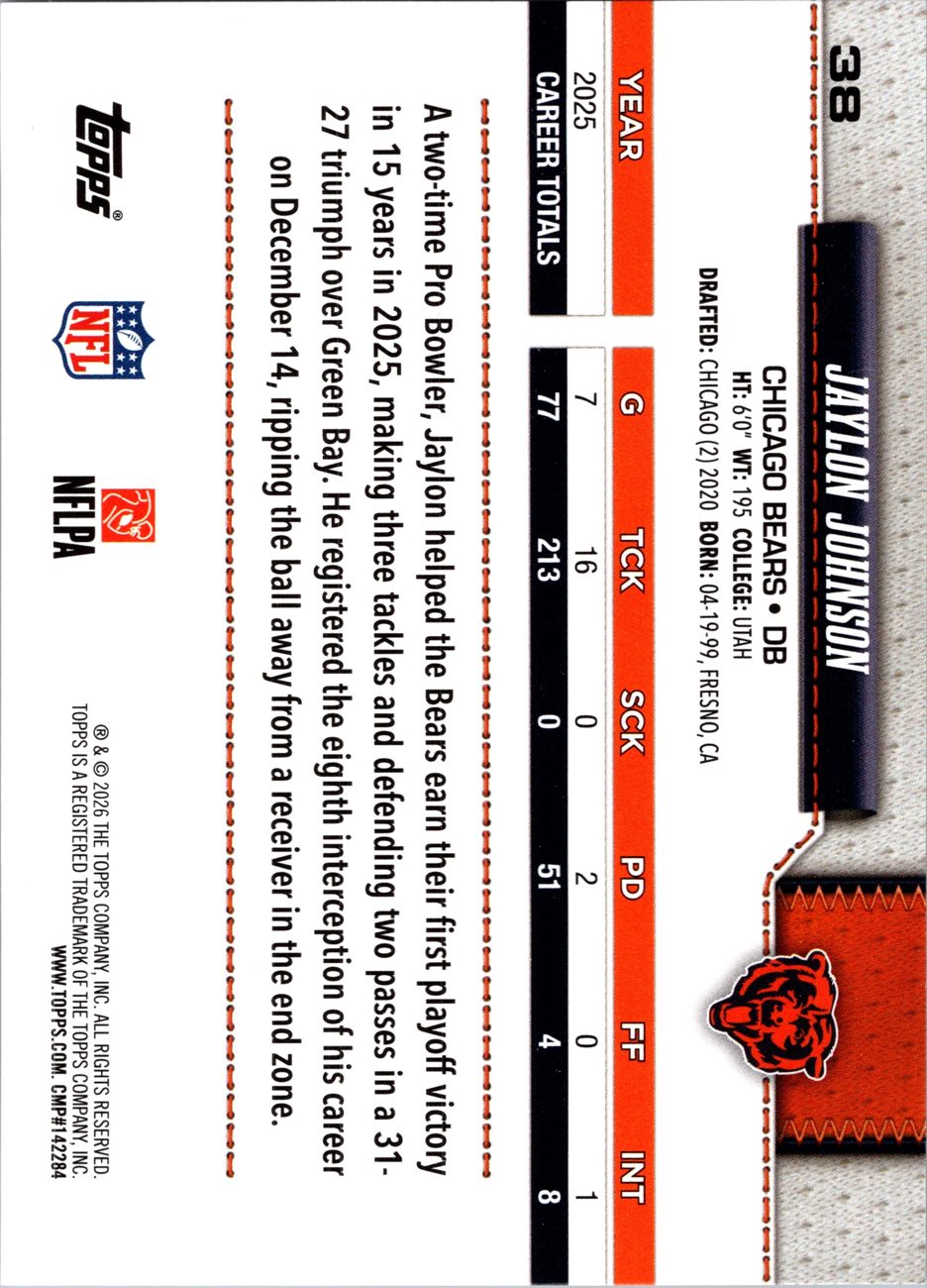 2026 Topps Flagship #38 Jaylon Johnson back