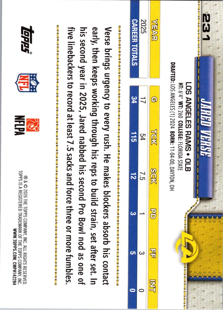 2026 Topps Flagship #231 Jared Verse back