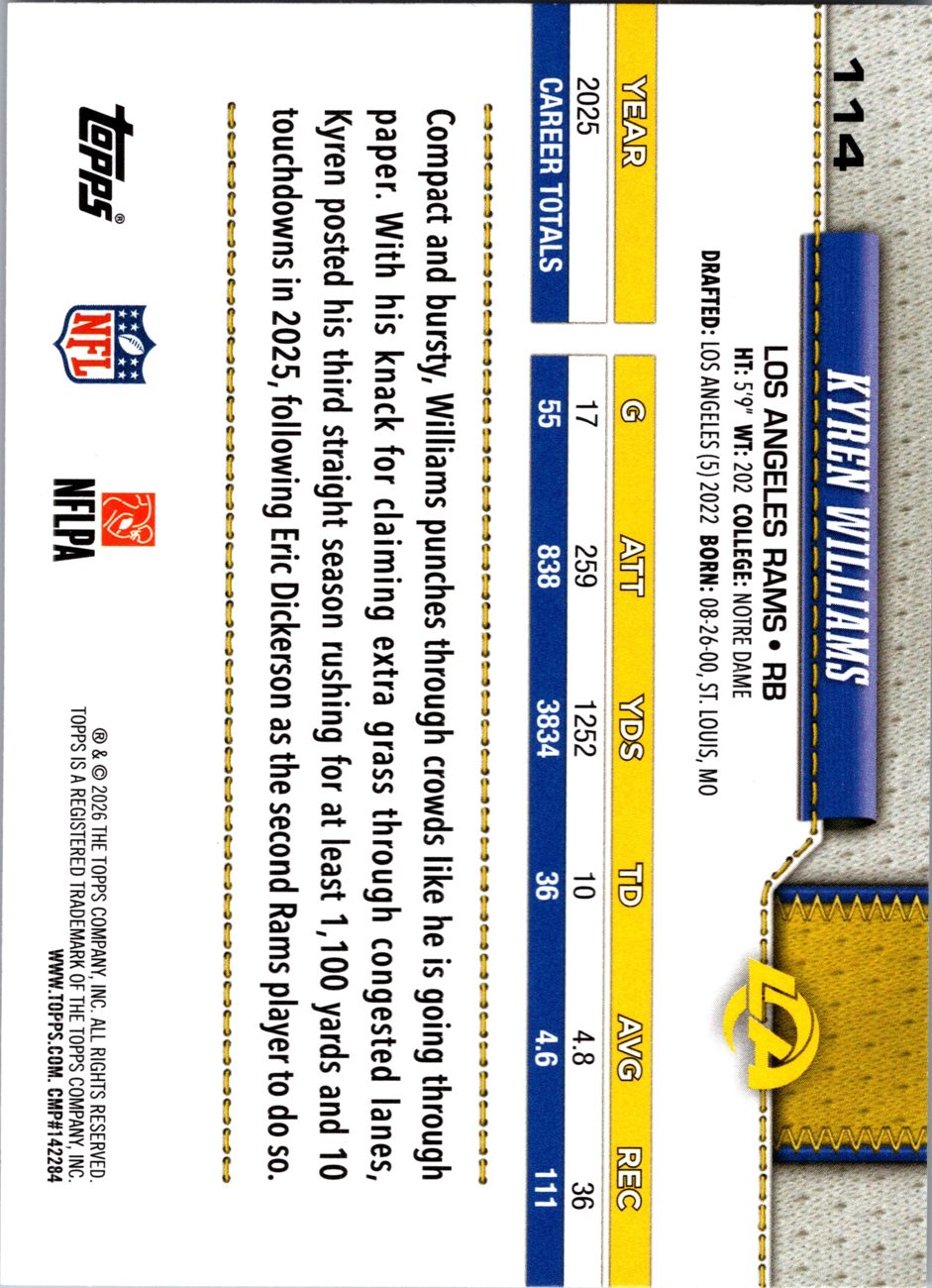 2026 Topps Flagship #114 Kyren Williams back