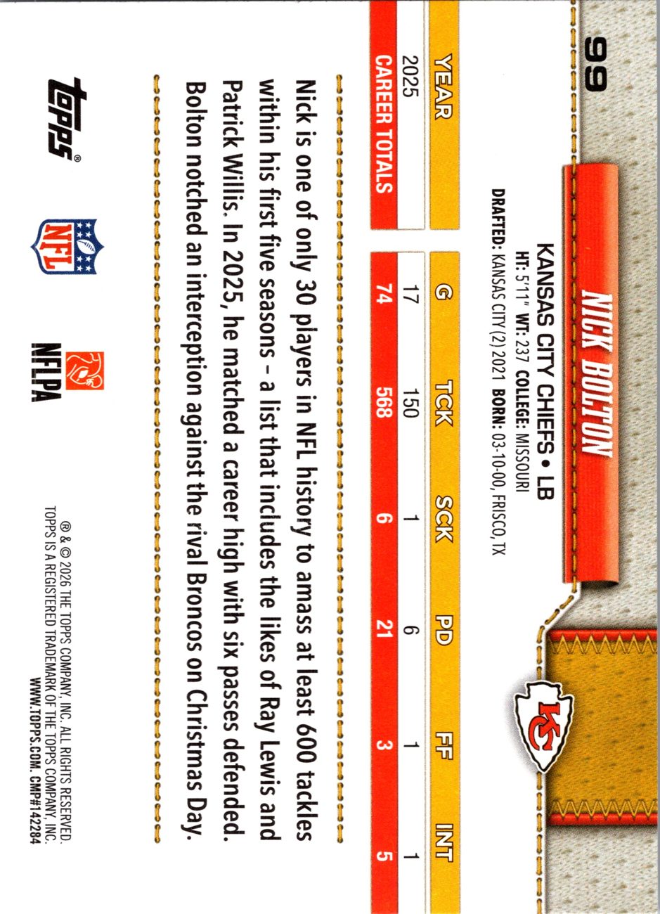 2026 Topps Flagship #99 Nick Bolton back