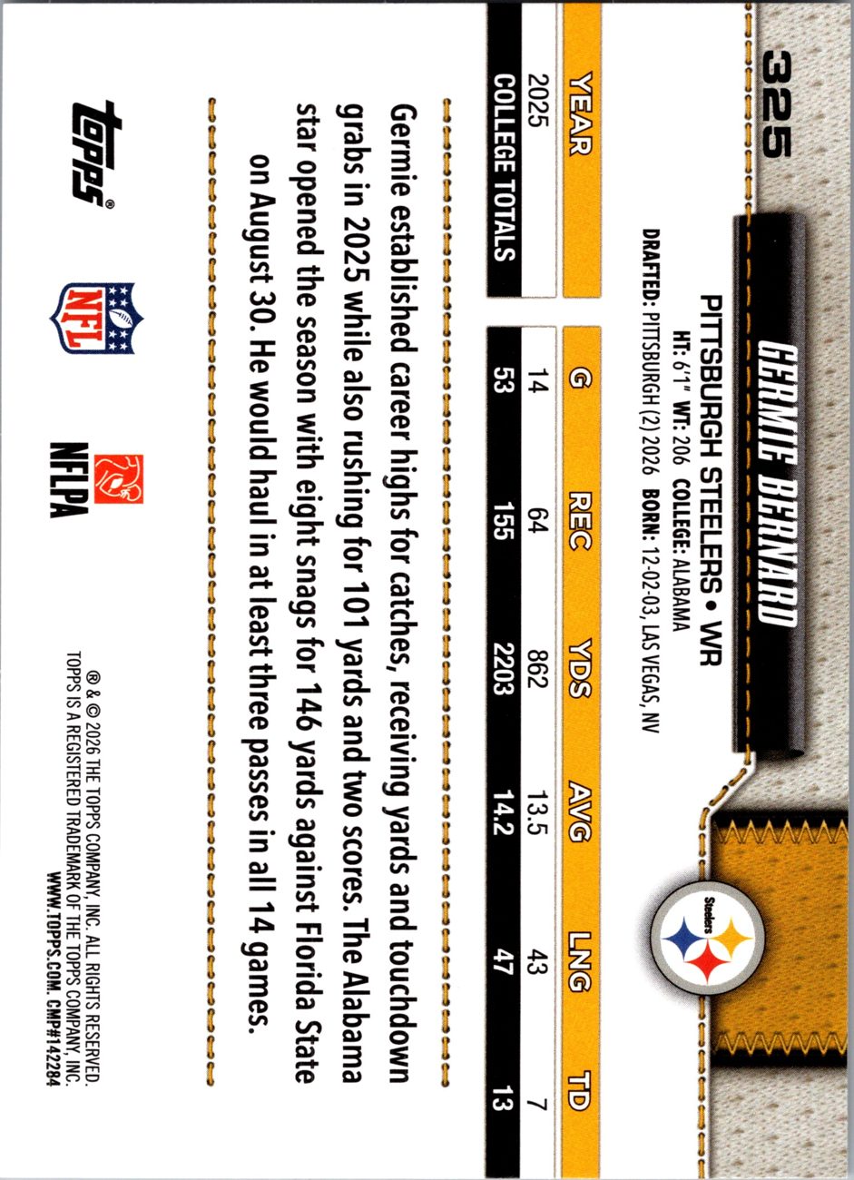 2026 Topps Flagship #325 Germie Bernard RC back