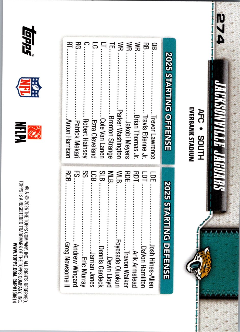 2026 Topps Flagship #274 Jacksonville Jaguars back