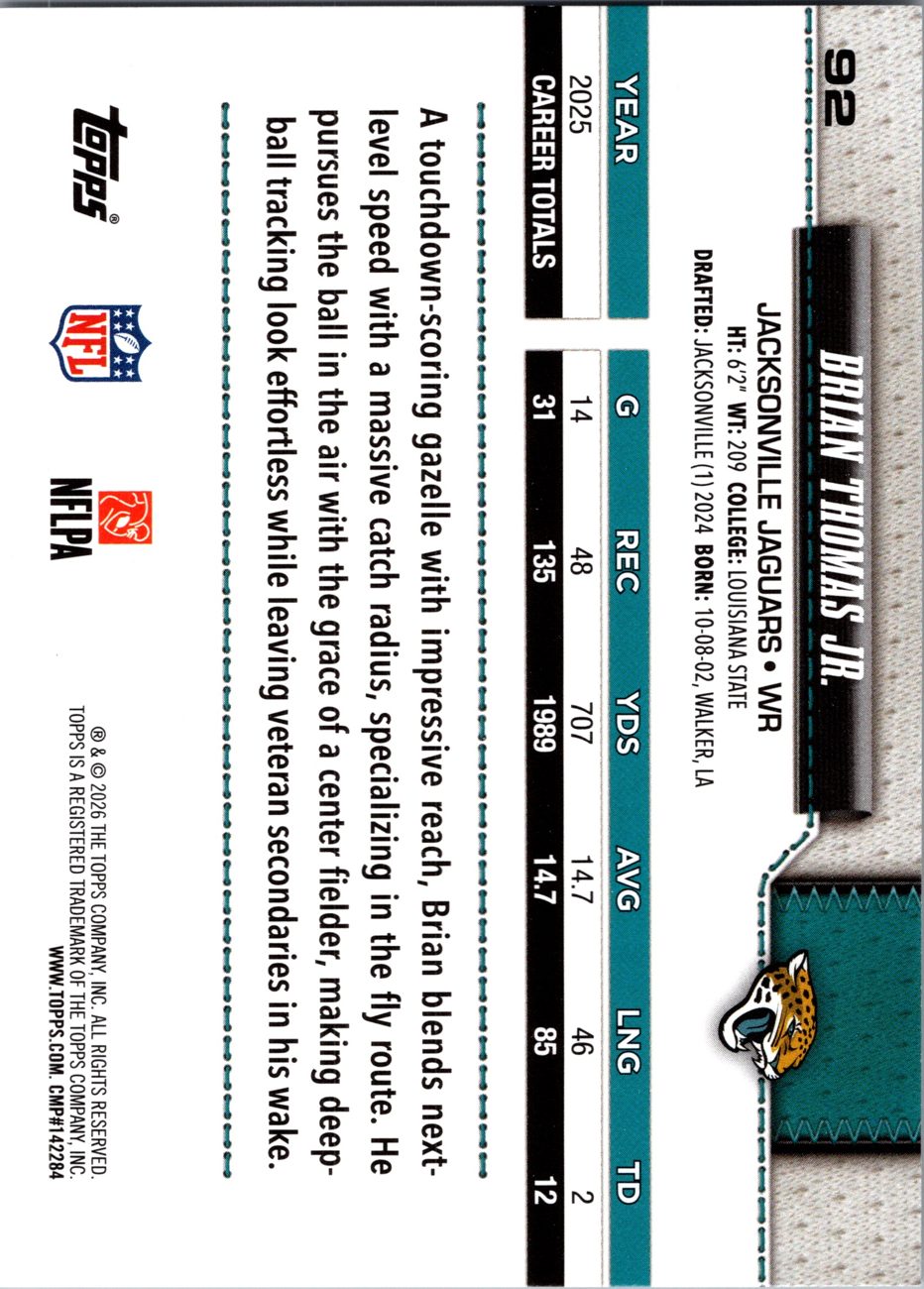 2026 Topps Flagship #92 Brian Thomas Jr. back
