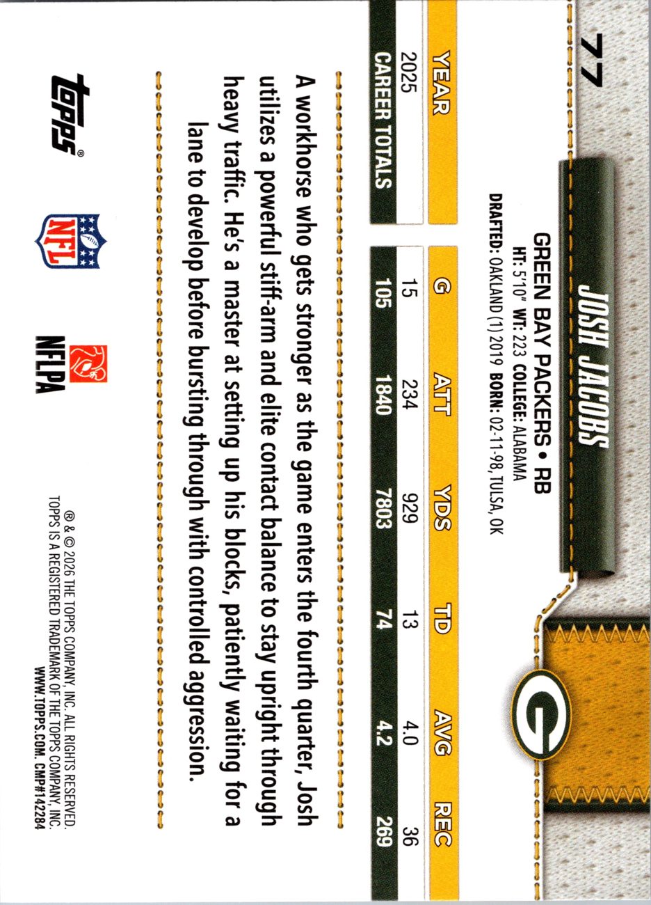 2026 Topps Flagship #77 Josh Jacobs back