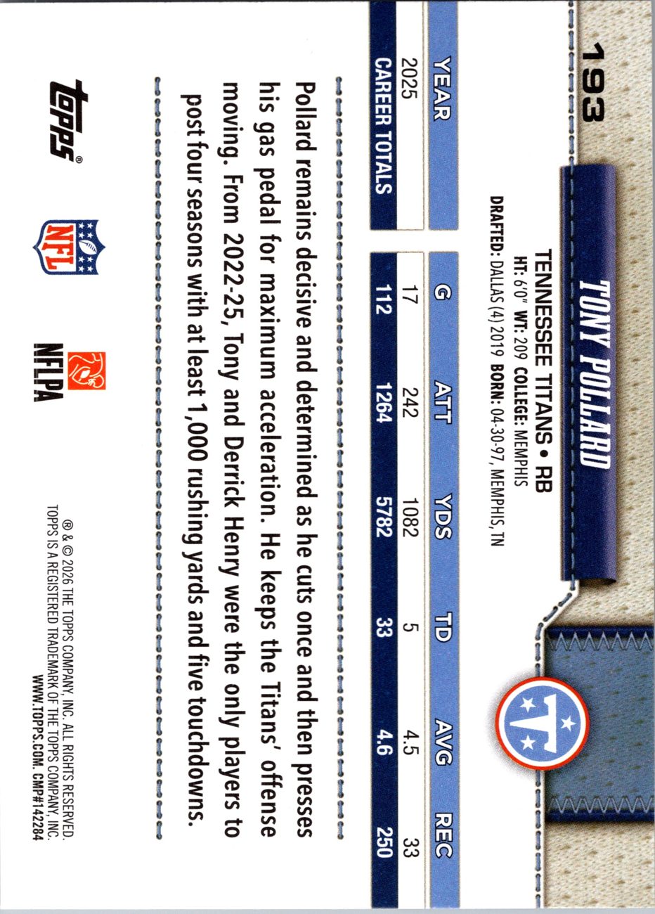 2026 Topps Flagship #193 Tony Pollard back