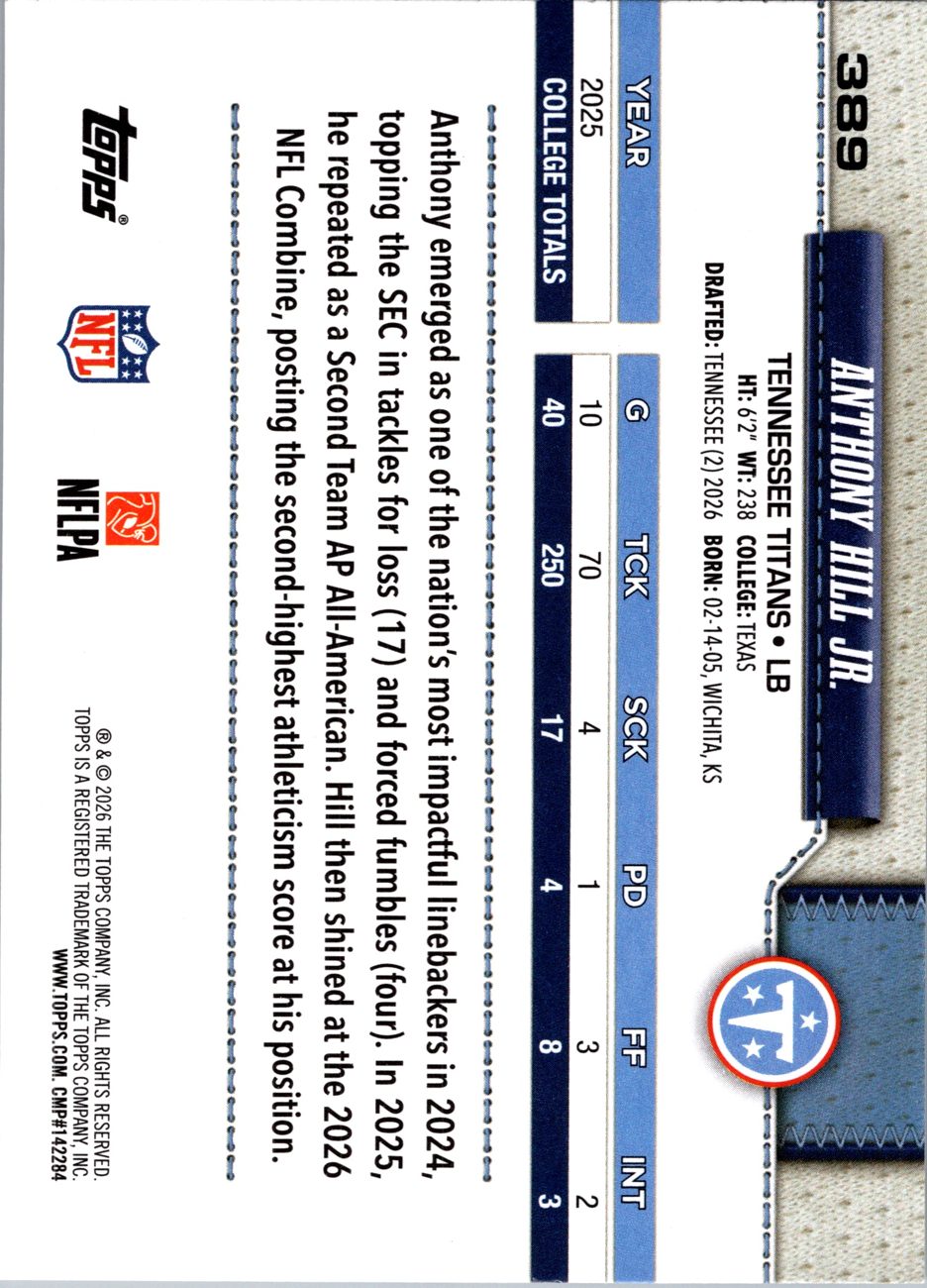 2026 Topps Flagship #389 Anthony Hill Jr. RC back