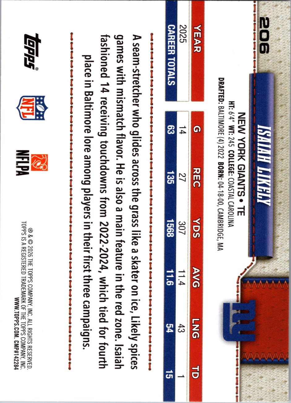 2026 Topps Flagship #206 Isaiah Likely back