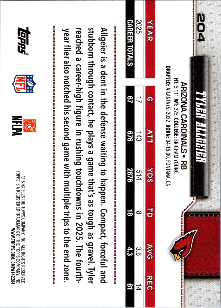 2026 Topps Flagship #204 Tyler Allgeier back