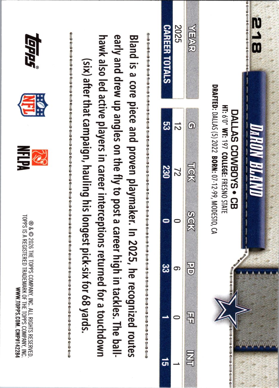 2026 Topps Flagship #218 DaRon Bland back