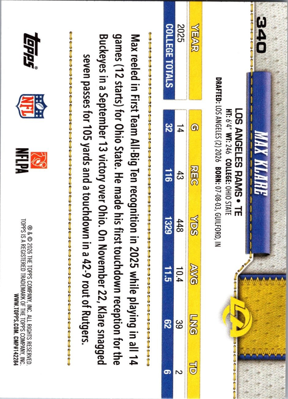 2026 Topps Flagship #340 Max Klare RC back