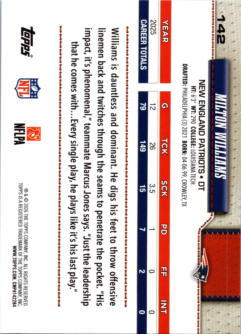 2026 Topps Flagship #142 Milton Williams back
