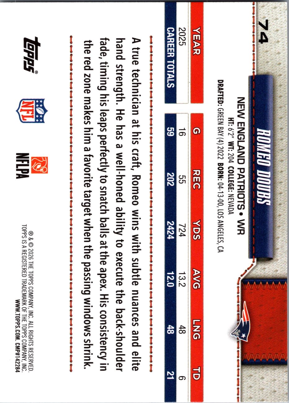 2026 Topps Flagship #74 Romeo Doubs back