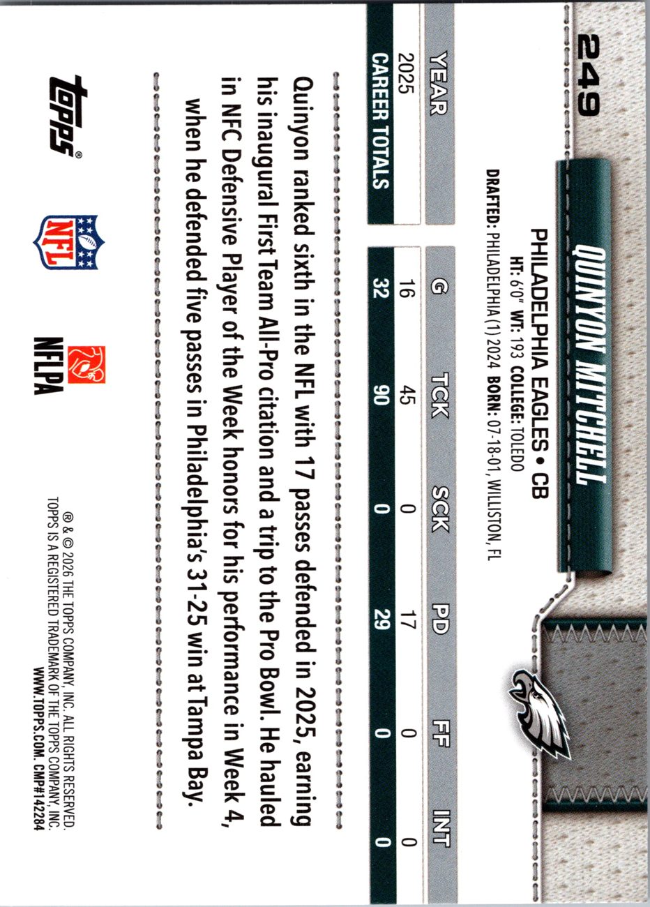 2026 Topps Flagship #249 Quinyon Mitchell back