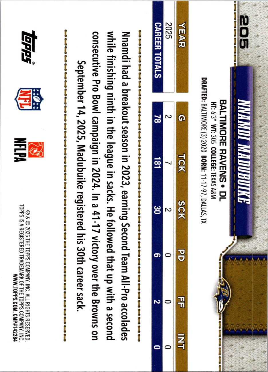 2026 Topps Flagship #205 Nnamdi Madubuike back