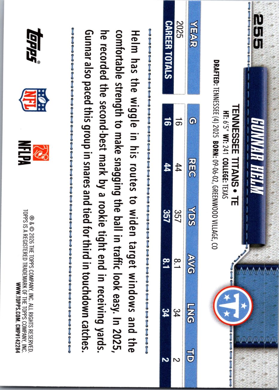 2026 Topps Flagship #255 Gunnar Helm back