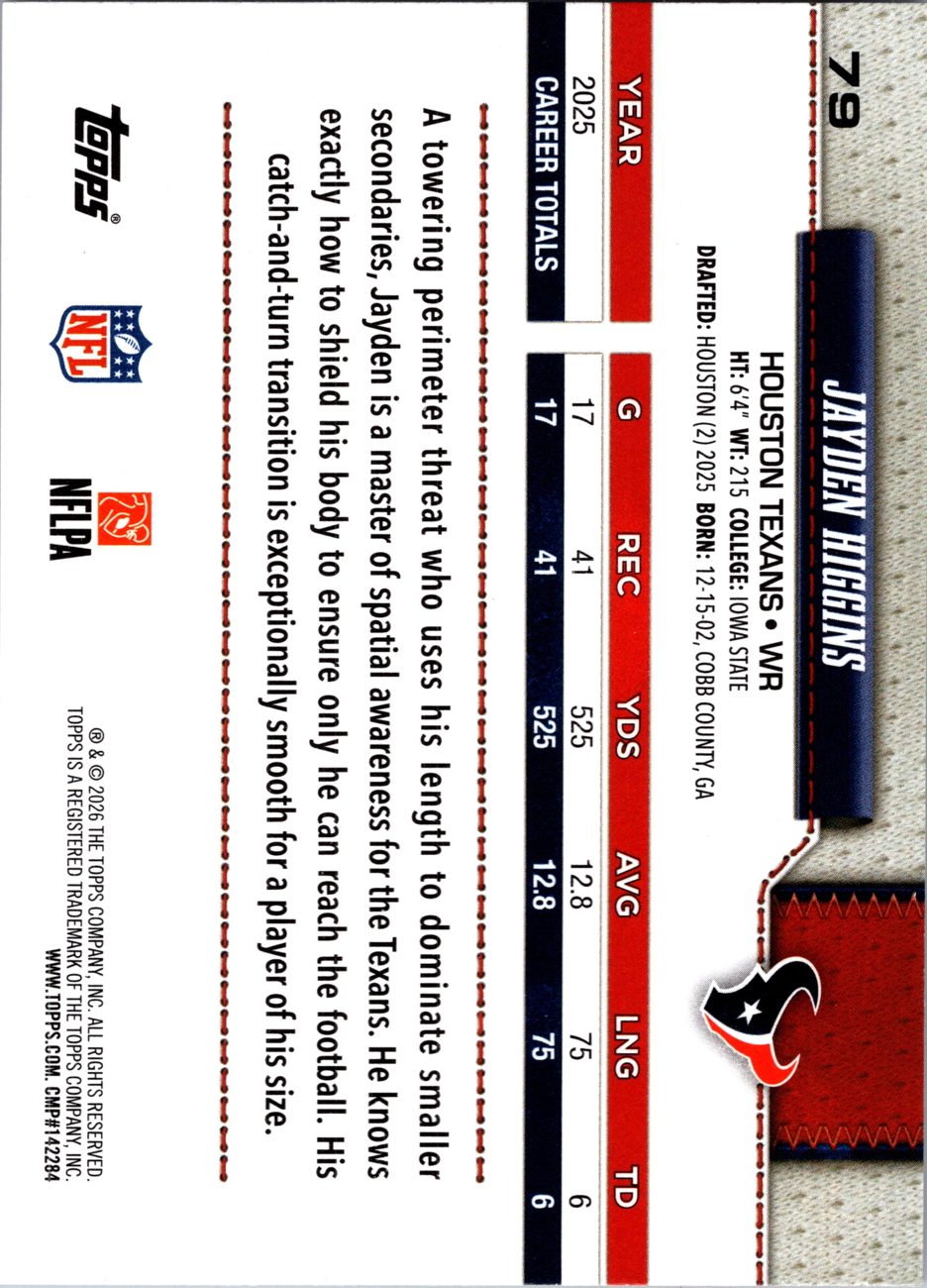 2026 Topps Flagship #79 Jayden Higgins back
