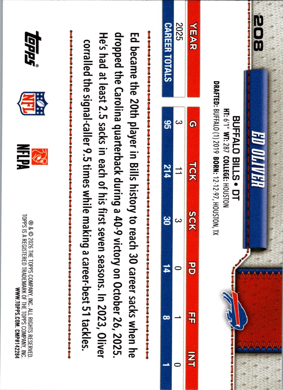 2026 Topps Flagship #208 Ed Oliver back